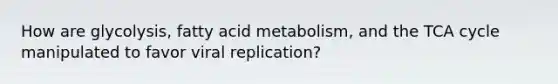 How are glycolysis, fatty acid metabolism, and the TCA cycle manipulated to favor viral replication?