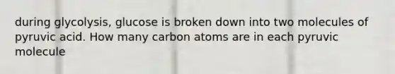 during glycolysis, glucose is broken down into two molecules of pyruvic acid. How many carbon atoms are in each pyruvic molecule