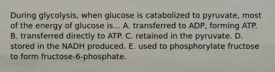 During glycolysis, when glucose is catabolized to pyruvate, most of the energy of glucose is... A. transferred to ADP, forming ATP. B. transferred directly to ATP. C. retained in the pyruvate. D. stored in the NADH produced. E. used to phosphorylate fructose to form fructose-6-phosphate.