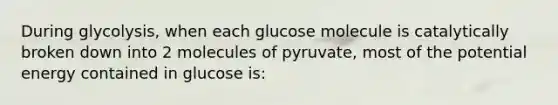 During glycolysis, when each glucose molecule is catalytically broken down into 2 molecules of pyruvate, most of the potential energy contained in glucose is: