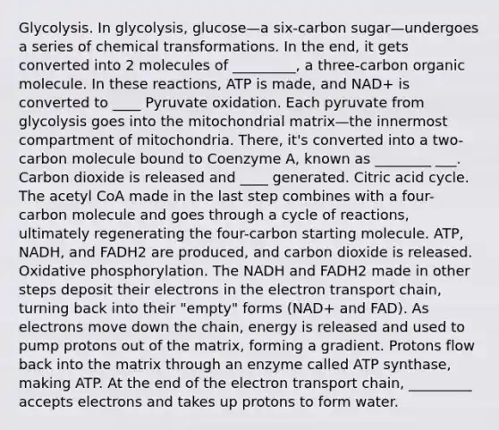 Glycolysis. In glycolysis, glucose—a six-carbon sugar—undergoes a series of chemical transformations. In the end, it gets converted into 2 molecules of _________, a three-carbon organic molecule. In these reactions, ATP is made, and NAD+ is converted to ____ Pyruvate oxidation. Each pyruvate from glycolysis goes into the mitochondrial matrix—the innermost compartment of mitochondria. There, it's converted into a two-carbon molecule bound to Coenzyme A, known as ________ ___. Carbon dioxide is released and ____ generated. Citric acid cycle. The acetyl CoA made in the last step combines with a four-carbon molecule and goes through a cycle of reactions, ultimately regenerating the four-carbon starting molecule. ATP, NADH, and FADH2 are produced, and carbon dioxide is released. Oxidative phosphorylation. The NADH and FADH2 made in other steps deposit their electrons in the electron transport chain, turning back into their "empty" forms (NAD+ and FAD). As electrons move down the chain, energy is released and used to pump protons out of the matrix, forming a gradient. Protons flow back into the matrix through an enzyme called ATP synthase, making ATP. At the end of the electron transport chain, _________ accepts electrons and takes up protons to form water.