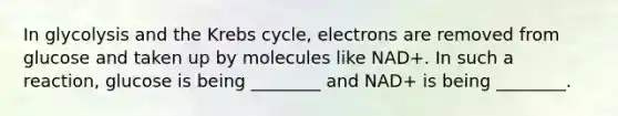 In glycolysis and the <a href='https://www.questionai.com/knowledge/kqfW58SNl2-krebs-cycle' class='anchor-knowledge'>krebs cycle</a>, electrons are removed from glucose and taken up by molecules like NAD+. In such a reaction, glucose is being ________ and NAD+ is being ________.