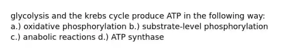 glycolysis and the krebs cycle produce ATP in the following way: a.) oxidative phosphorylation b.) substrate-level phosphorylation c.) anabolic reactions d.) ATP synthase