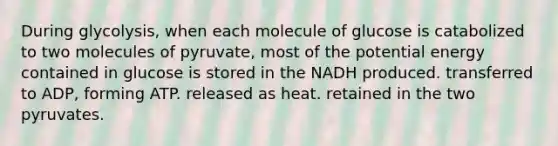 During glycolysis, when each molecule of glucose is catabolized to two molecules of pyruvate, most of the potential energy contained in glucose is stored in the NADH produced. transferred to ADP, forming ATP. released as heat. retained in the two pyruvates.