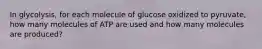 In glycolysis, for each molecule of glucose oxidized to pyruvate, how many molecules of ATP are used and how many molecules are produced?