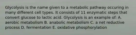 Glycolysis is the name given to a metabolic pathway occuring in many different cell types. It consists of 11 enzymatic steps that convert glucose to lactic acid. Glycolysis is an example of: A. aerobic metabolism B. anabolic metabolism C. a net reductive process D. fermentation E. oxidative phosphorylation