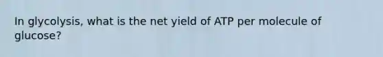 In glycolysis, what is the net yield of ATP per molecule of glucose?