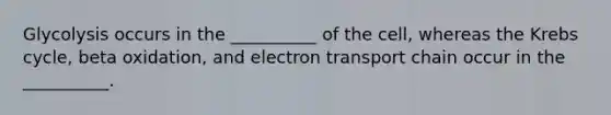 Glycolysis occurs in the __________ of the cell, whereas the Krebs cycle, beta oxidation, and electron transport chain occur in the __________.