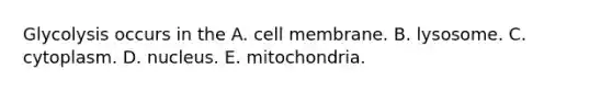 Glycolysis occurs in the A. cell membrane. B. lysosome. C. cytoplasm. D. nucleus. E. mitochondria.