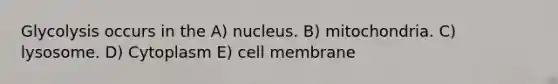 Glycolysis occurs in the A) nucleus. B) mitochondria. C) lysosome. D) Cytoplasm E) cell membrane