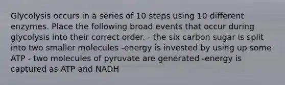 Glycolysis occurs in a series of 10 steps using 10 different enzymes. Place the following broad events that occur during glycolysis into their correct order. - the six carbon sugar is split into two smaller molecules -energy is invested by using up some ATP - two molecules of pyruvate are generated -energy is captured as ATP and NADH