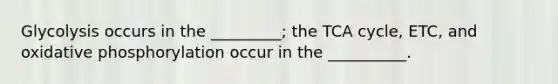 Glycolysis occurs in the _________; the TCA cycle, ETC, and oxidative phosphorylation occur in the __________.