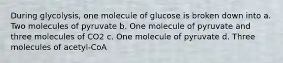 During glycolysis, one molecule of glucose is broken down into a. Two molecules of pyruvate b. One molecule of pyruvate and three molecules of CO2 c. One molecule of pyruvate d. Three molecules of acetyl-CoA