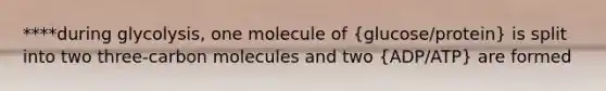 ****during glycolysis, one molecule of (glucose/protein) is split into two three-carbon molecules and two (ADP/ATP) are formed