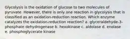 Glycolysis is the oxidation of glucose to two molecules of pyruvate. However, there is only one reaction in glycolysis that is classified as an oxidation-reduction reaction. Which enzyme catalyzes the oxidation-reduction reaction? a. glyceraldehyde-3-phosphate dehydrogenase b. hexokinase c. aldolase d. enolase e. phosphoglycerate kinase