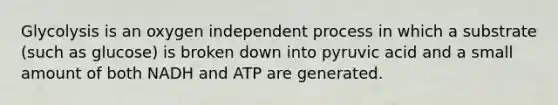 Glycolysis is an oxygen independent process in which a substrate (such as glucose) is broken down into pyruvic acid and a small amount of both NADH and ATP are generated.