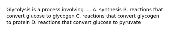 Glycolysis is a process involving .... A. synthesis B. reactions that convert glucose to glycogen C. reactions that convert glycogen to protein D. reactions that convert glucose to pyruvate