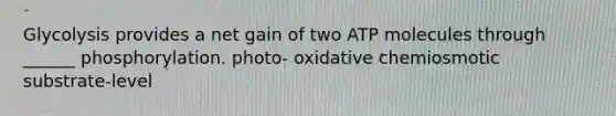 Glycolysis provides a net gain of two ATP molecules through ______ phosphorylation. photo- oxidative chemiosmotic substrate-level