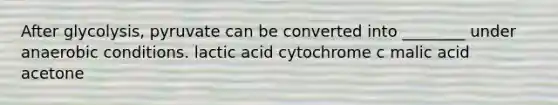 After glycolysis, pyruvate can be converted into ________ under anaerobic conditions. lactic acid cytochrome c malic acid acetone