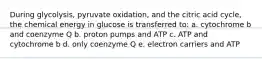 During glycolysis, pyruvate oxidation, and the citric acid cycle, the chemical energy in glucose is transferred to: a. cytochrome b and coenzyme Q b. proton pumps and ATP c. ATP and cytochrome b d. only coenzyme Q e. electron carriers and ATP