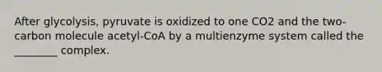 After glycolysis, pyruvate is oxidized to one CO2 and the two-carbon molecule acetyl-CoA by a multienzyme system called the ________ complex.