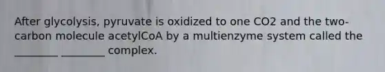 After glycolysis, pyruvate is oxidized to one CO2 and the two-carbon molecule acetylCoA by a multienzyme system called the ________ ________ complex.