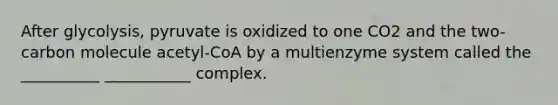 After glycolysis, pyruvate is oxidized to one CO2 and the two-carbon molecule acetyl-CoA by a multienzyme system called the __________ ___________ complex.