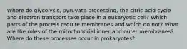 Where do glycolysis, pyruvate processing, the citric acid cycle and electron transport take place in a eukaryotic cell? Which parts of the process require membranes and which do not? What are the roles of the mitochondrial inner and outer membranes? Where do these processes occur in prokaryotes?