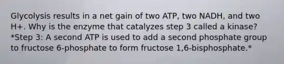 Glycolysis results in a net gain of two ATP, two NADH, and two H+. Why is the enzyme that catalyzes step 3 called a kinase? *Step 3: A second ATP is used to add a second phosphate group to fructose 6-phosphate to form fructose 1,6-bisphosphate.*