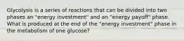 Glycolysis is a series of reactions that can be divided into two phases an "energy investment" and an "energy payoff" phase. What is produced at the end of the "energy investment" phase in the metabolism of one glucose?