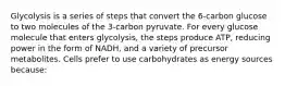 Glycolysis is a series of steps that convert the 6-carbon glucose to two molecules of the 3-carbon pyruvate. For every glucose molecule that enters glycolysis, the steps produce ATP, reducing power in the form of NADH, and a variety of precursor metabolites. Cells prefer to use carbohydrates as energy sources because: