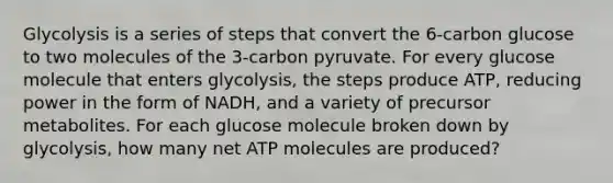 Glycolysis is a series of steps that convert the 6-carbon glucose to two molecules of the 3-carbon pyruvate. For every glucose molecule that enters glycolysis, the steps produce ATP, reducing power in the form of NADH, and a variety of precursor metabolites. For each glucose molecule broken down by glycolysis, how many net ATP molecules are produced?