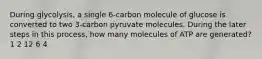 During glycolysis, a single 6-carbon molecule of glucose is converted to two 3-carbon pyruvate molecules. During the later steps in this process, how many molecules of ATP are generated? 1 2 12 6 4