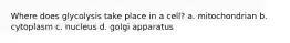 Where does glycolysis take place in a cell? a. mitochondrian b. cytoplasm c. nucleus d. golgi apparatus