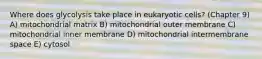 Where does glycolysis take place in eukaryotic cells? (Chapter 9) A) mitochondrial matrix B) mitochondrial outer membrane C) mitochondrial inner membrane D) mitochondrial intermembrane space E) cytosol