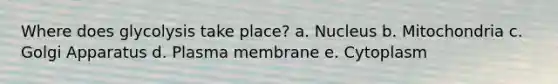 Where does glycolysis take place? a. Nucleus b. Mitochondria c. Golgi Apparatus d. Plasma membrane e. Cytoplasm