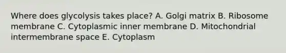 Where does glycolysis takes place? A. Golgi matrix B. Ribosome membrane C. Cytoplasmic inner membrane D. Mitochondrial intermembrane space E. Cytoplasm