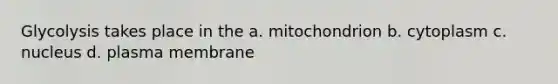 Glycolysis takes place in the a. mitochondrion b. cytoplasm c. nucleus d. plasma membrane