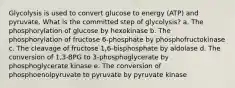 Glycolysis is used to convert glucose to energy (ATP) and pyruvate. What is the committed step of glycolysis? a. The phosphorylation of glucose by hexokinase b. The phosphorylation of fructose 6-phosphate by phosphofructokinase c. The cleavage of fructose 1,6-bisphosphate by aldolase d. The conversion of 1,3-BPG to 3-phosphoglycerate by phosphoglycerate kinase e. The conversion of phosphoenolpyruvate to pyruvate by pyruvate kinase