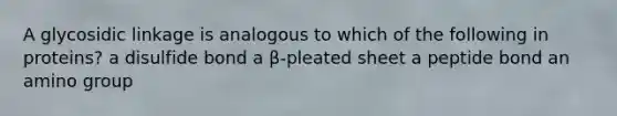 A glycosidic linkage is analogous to which of the following in proteins? a disulfide bond a β-pleated sheet a peptide bond an amino group