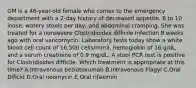 GM is a 46-year-old female who comes to the emergency department with a 2-day history of decreased appetite, 8 to 10 loose, watery stools per day, and abdominal cramping. She was treated for a nonsevere Clostridioides difficile infection 8 weeks ago with oral vancomycin. Laboratory tests today show a white blood cell count of 16,500 cells/mm3, hemoglobin of 16 g/dL, and a serum creatinine of 0.9 mg/dL. A stool PCR test is positive for Clostridioides difficile. Which treatment is appropriate at this time? A.Intravenous bezlotoxumab B.Intravenous Flagyl C.Oral Dificid D.Oral neomycin E.Oral rifaximin