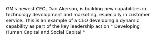 GM's newest CEO, Dan Akerson, is building new capabilities in technology development and marketing, especially in customer service. This is an example of a CEO developing a dynamic capability as part of the key leadership action " Developing Human Capital and Social Capital."