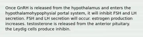 Once GnRH is released from the hypothalamus and enters the hypothalamohypophysial portal system, it will inhibit FSH and LH secretion. FSH and LH secretion will occur. estrogen production increases. testosterone is released from the anterior pituitary. the Leydig cells produce inhibin.