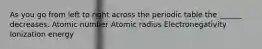 As you go from left to right across the periodic table the ______ decreases. Atomic number Atomic radius Electronegativity Ionization energy