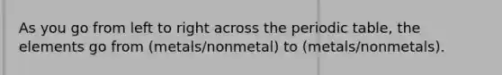 As you go from left to right across <a href='https://www.questionai.com/knowledge/kIrBULvFQz-the-periodic-table' class='anchor-knowledge'>the periodic table</a>, the elements go from (metals/nonmetal) to (metals/nonmetals).