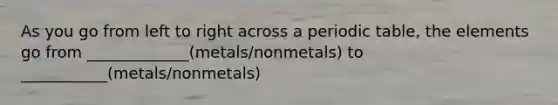 As you go from left to right across a periodic table, the elements go from _____________(metals/nonmetals) to ___________(metals/nonmetals)