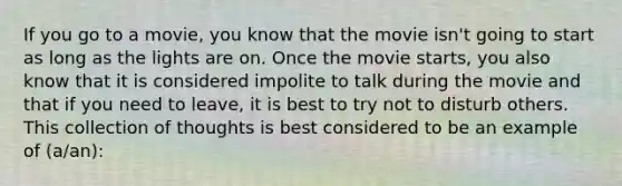 If you go to a movie, you know that the movie isn't going to start as long as the lights are on. Once the movie starts, you also know that it is considered impolite to talk during the movie and that if you need to leave, it is best to try not to disturb others. This collection of thoughts is best considered to be an example of (a/an):