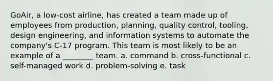 GoAir, a low-cost airline, has created a team made up of employees from production, planning, quality control, tooling, design engineering, and information systems to automate the company's C-17 program. This team is most likely to be an example of a ________ team. a. command b. cross-functional c. self-managed work d. problem-solving e. task