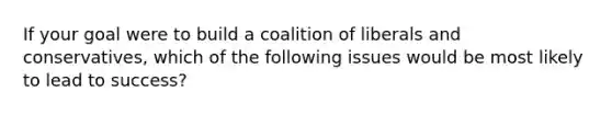 If your goal were to build a coalition of liberals and conservatives, which of the following issues would be most likely to lead to success?