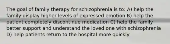 The goal of family therapy for schizophrenia is to: A) help the family display higher levels of expressed emotion B) help the patient completely discontinue medication C) help the family better support and understand the loved one with schizophrenia D) help patients return to the hospital more quickly